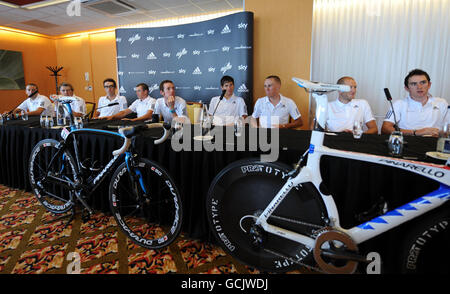 British cyclist Bradley Wiggins (centre) and members of the Sky Cycling Team answer questions at a Press Conference, during the Tour de France preview day in Rotterdam ahead of the Race which begins on Saturday. Stock Photo