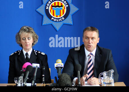 Detective Chief Superintendent Neil Adamson and Northumbria Police Temporary Chief Constable Sue Sim speak to the media at Northumbria Police HQ in Ponteland, near Newcastle, as the 'net was closing' on gunman Raoul Moat after police detained two men they had feared he was holding hostage. Stock Photo