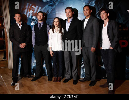 Stars of the film (left to right) Tom Hardy, Joseph Gordon-Levitt, Ellen Page, Leonardo DiCaprio, Ken Watanabe and Cillian Murphy during a photocall for the film 'Inception', at the Dorchester Hotel in central London. Stock Photo