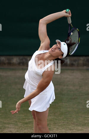 Switzerland's Martina Hingis in action during the Ladies' Invitation match with partner Russia's Anna Kournikova against USA's Tracy Austin and Kathy Rinaldi-Stunkel Stock Photo