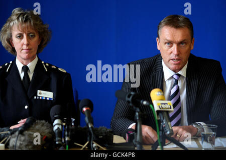 Detective Chief Superintendent Neil Adamson [right] speaks during a news conference alongside Northumbria Police Temporary Chief Constable Sue Sim at the Community Hall in Rothbury village. Stock Photo