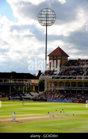 General view of Trent Bridge with floodlights on during day three of the first npower Test match at Trent Bridge, Nottingham. Stock Photo