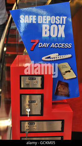 Safety deposit boxes on offer to customers in the newly opened Metro Bank branch in Holborn, central London. The first high street bank to launch in the UK for more than 100 years opened its doors to customers today but its products received a lukewarm response from industry commentators. Stock Photo