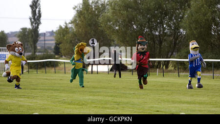 Leicester City's Filbert Fox (left) Marie Curie Cancer Care's Daffy the Daffodil (centre left) Nottingham Forest's Robin Hood (centre right) and Brighton Hove Albion's Gully during the Daffodil Derby Stock Photo