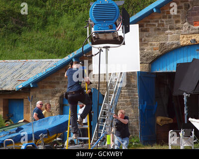 A film crew on location in Tyneside, filming a scene for 'Vara' the British detective television series starring Brenda Blethyn. Stock Photo