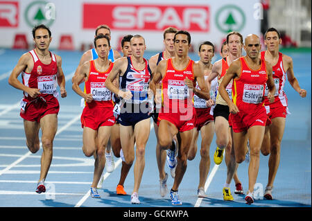 Athletics - IAAF European Championships 2010 - Day Four - Olympic Stadium. Spain's Arturo Casado (center), Spain's Reyes Estevez (right) and Great Britain's Andy Baddeley (2) during the men's 1500 meters final Stock Photo