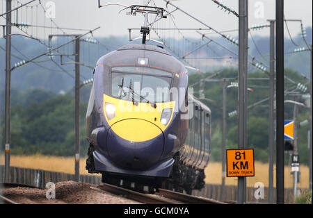 General view of a Hitachi Class 395 Javelin Train as it heads towards London on the High Speed 1 Channel Tunnel Rail Link near Charing, Kent. Stock Photo