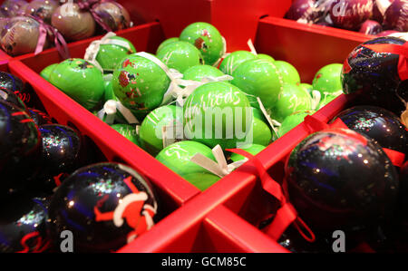 Baubles and tree decorations on sale in Harrods Christmas World which has opened today. Stock Photo