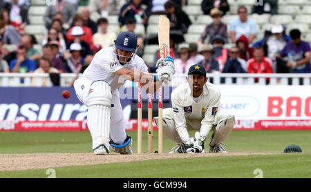 Cricket - npower Second Test - Day Four - England v Pakistan - Edgbaston. England's Andrew Strauss tees up a ball from Pakistan's Saeed Ajmal during the npower Second Test at Edgbaston, Birmingham. Stock Photo