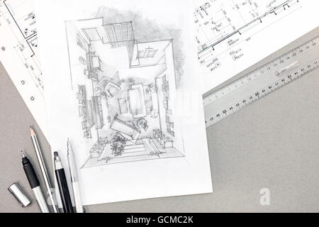architectural sketch with technical drawing and pencils on desk, top view Stock Photo