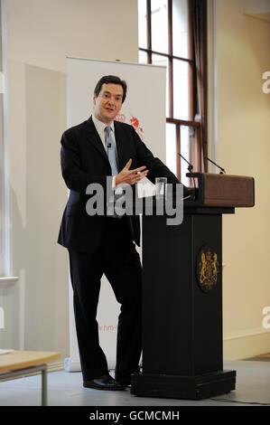 Chancellor of the Exchequer George Osborne speaking at the Treasury in central London where he announced plans to simplify Britain's 'spaghetti bowl' tax system. Stock Photo