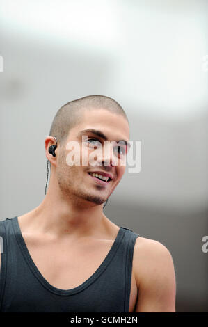 The Wanted gig - London. Max George of The Wanted at Westfield shopping centre, west London. Stock Photo