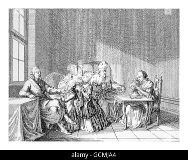 XVIII century, family life in Prussian upper class homes: grandparents, parents and children together Stock Photo