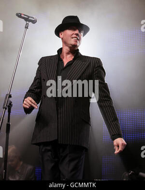 Glenn Gregory of Heaven 17 performing on the Main Stage during Vintage At Goodwood in Chichester, West Sussex. Stock Photo