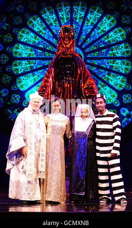 Ian Lavender, as Monsignor Howard, Patina Miller, as Deloris, Whoopi Goldberg who takes over the role of Mother Superior and Simon Webb, as Shank in Sister Act the Musical, at the London Palladium. Stock Photo