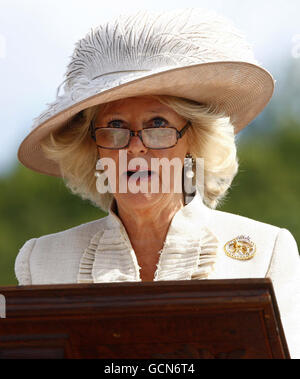 The Duchess of Cornwall addresses the crew of HMS Astute during the commissioning ceremony of the Royal Navy submarine at the Clyde Naval Base near Glasgow. Stock Photo