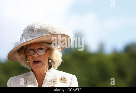 The Duchess of Cornwall addresses the crew of HMS Astute during the commissioning ceremony of the Royal Navy submarine at the Clyde Naval Base near Glasgow. Stock Photo