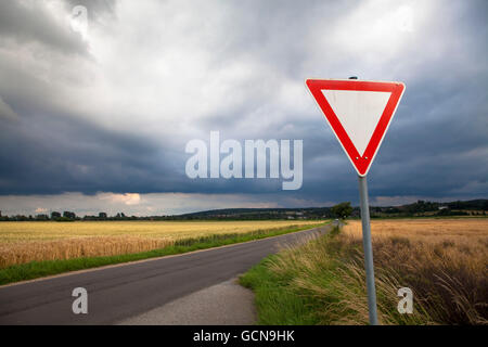 Europe, Germany, North Rhine-Westphalia, grainfields near Eschweiler-Weisweiler, thunderclouds, give way sign. Stock Photo
