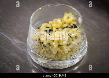 Truffle Pasta Risotto, a special gourmet appetizer while being cooked at Crillon-le-Brave in France. Stock Photo