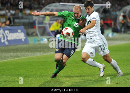 Northern Ireland's Warren Feeney battles with Slovenia's Bojan Jokic during the UEFA European Championship Qualifying match at the Ljudski Vrt Stadium, Maribor. Stock Photo