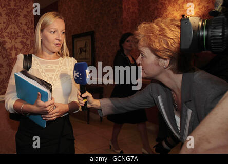 TD Lucinda Creighton is questioned on her way into the Fine Gael Party Think-In at Faithlegg House in Co Waterford. Stock Photo