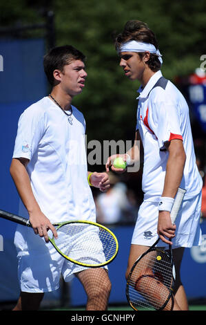 Great Britain's Oliver Golding with his doubles partner Jiri Vesely (right) of Czech Republic during day thirteen of the US Open, at Flushing Meadows, New York, USA. Stock Photo