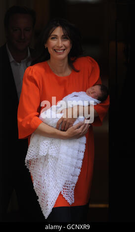 Prime Minister David Cameron and his wife Samantha with their baby daughter Florence Rose Endellion Cameron outside 10 Downing Street, central London, following their return to London after their summer holiday in Cornwall. Stock Photo