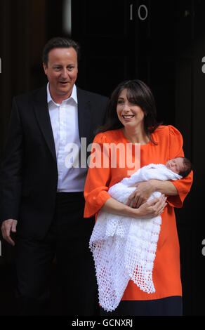 Prime Minister David Cameron and his wife Samantha with their baby daughter Florence Rose Endellion Cameron outside 10 Downing Street, central London, following their return to London after their summer holiday in Cornwall. Stock Photo