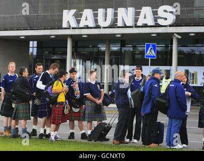 Scotland football fans wait for a taxi outside Kaunas Airport ahead of the UEFA European Championship Qualifing match at the Darius Girenas Stadium, Kaunas. Stock Photo