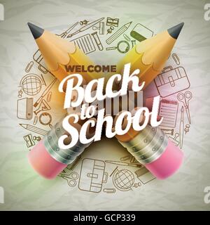 High detailed vector design template for Back to school. Wrinkled paper, school supplies icons red sharp wooden pencil and 3d We Stock Vector