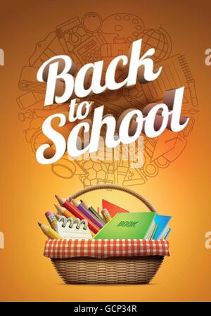 Back to school poster with school supplies wicker basket. Detailed vector illustration. Stock Vector