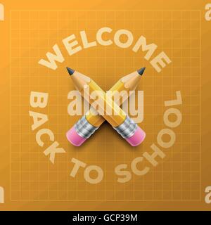 Welcome Back to School type and yellow pencils on yellow squared background. Vector illustration. Stock Vector