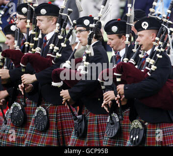 Pipers play during the Braemar Highland Games in Braemar, Scotland. Stock Photo