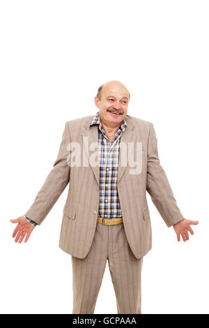 A man raises his arms to the sides in bewilderment and confusion Stock Photo