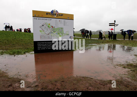 Puddles develop around the tented village as play is suspended on the opening morning during the Ryder Cup at Celtic Manor, Newport. Stock Photo