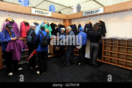Golf - 38th Ryder Cup - Europe v USA - Day One - Celtic Manor Resort. The Proquip stand in the Merchandise Pavilion has limited stock as play is suspended during the Ryder Cup at Celtic Manor, Newport. Stock Photo