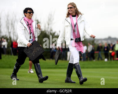 Laurae Westwood (left) and girlfriend of Martin Kaymer Allison Micheletti during the afternoon foresomes during the Ryder Cup at Celtic Manor, Newport. Stock Photo