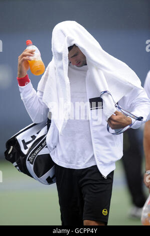 Serbia's Novak Djokovic on a practice court ahead of the Men's Singles Final during day fourteen of the US Open, at Flushing Meadows, New York, USA. Stock Photo