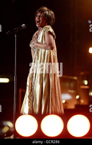 Dame Shirley Bassey at the Welcome to Wales concert at the Millennium Stadium in Cardiff ahead of the Ryder Cup. Stock Photo