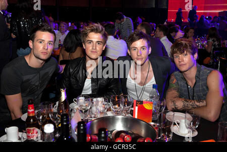 McFly (left to right) Harry Judd, Tom Fletcher, Danny Jones and Dougie Poynter at the BT Digital Music Awards 2010 at The Roundhouse in London. For more information please visit www.btdma.com or watch the show on ITV2 on October 2nd. Stock Photo