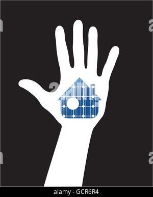 Hand with solar house. Save energy Stock Vector