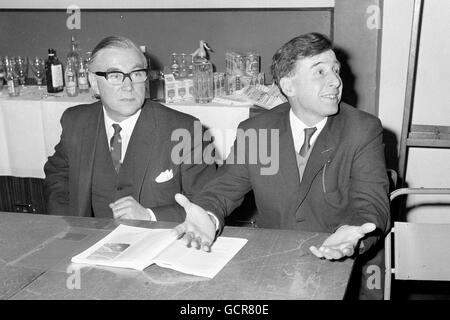 Patrick Steptoe (left) from Oldham general Hospital, and Dr Robert Edwards of the Physiological Laboratory at Cambridge University, are shown during a press conference at BBC Television studios at Lime Grove, London, before they take part in the programme '24 Hours'. Stock Photo