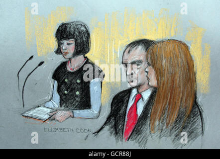 Court artist Elizabeth Cook impression of Barbara Jane Scott giving evidence in the trial of Tommy and Gail Sheridan at Glasgow High Court where they are accused of perjury. Stock Photo