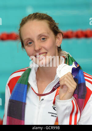 England's Fran Halsall celebrates winning silver in the women's 50 meters freestyle final during Day Five of the 2010 Commonwealth Games at the Dr SPM Aquatics Centre in New Delhi, India. Stock Photo