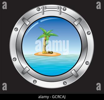 vector travel concept of metal porthole and palm tree on the island Stock Vector