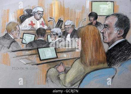 ALL TV OUT. ALL TV RELATED INTERNET SITES OUT. Court artist Elizabeth Cook impression of Barbara Jane Scott giving evidence in the trial of Tommy and Gail Sheridan at Glasgow High Court where they are accused of perjury. Stock Photo
