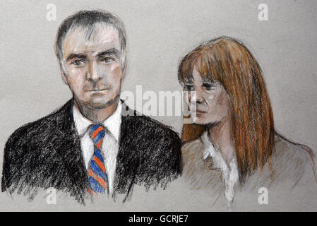 ALL TV OUT. ALL TV RELATED INTERNET SITES OUT. Court artist Elizabeth Cook impression of Tommy and Gail Sheridan in the dock at Glasgow High Court where they are accused of perjury. Stock Photo