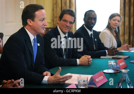 Prime Minister David Cameron and England manager Fabio Capello met with FIFA President Sepp Blatter in 10 Downing Street in London as England's bid for the 2018 World Cup gears up for the final phase of the contest. Stock Photo