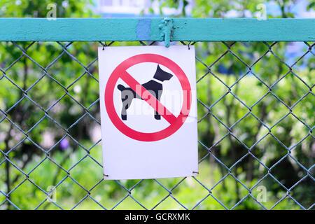 sign walking of dogs prohibited on the background of fence Stock Photo