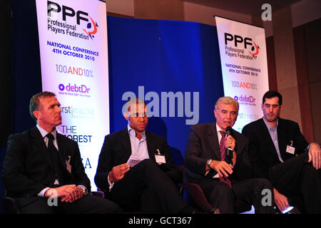 (left to right) Former England cricket captain Alec Stewart, Special adviser for EHRC and World Cup 2018 Board Member Paul Elliot, Director of Football Development at The FA Trevor Brooking and General Secretary of European Elite Athletes Association and Former NBA Basketball Player Walter Palmer at the Professional Players Federation conference Stock Photo